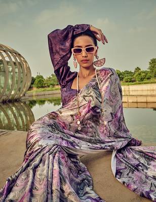 White & purple digital print satin saree 2
