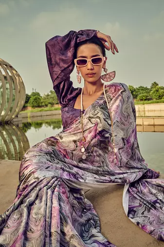 White & purple digital print satin saree