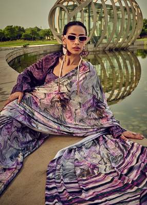 White & purple digital print satin saree 3