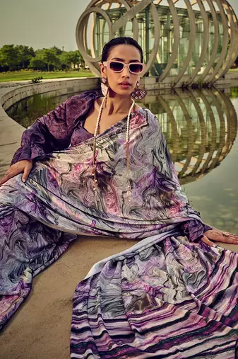 White & purple digital print satin saree