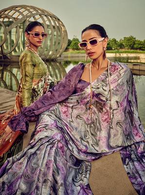 White & purple digital print satin saree 4