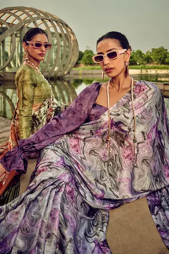 White & purple digital print satin saree