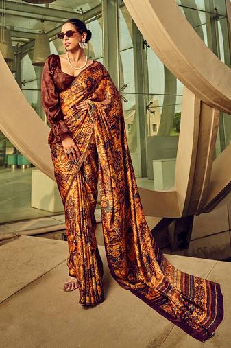Multicolour digital print satin saree