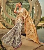 Off-white & beige digital print satin saree