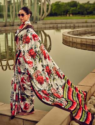 Off-white & red digital print satin saree 1