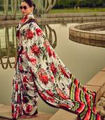 Off-white & red digital print satin saree