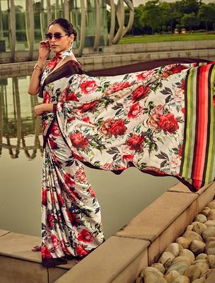 Off-white & red digital print satin saree 2