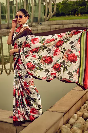 Off-white & red digital print satin saree