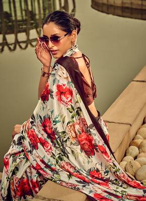 Off-white & red digital print satin saree 3