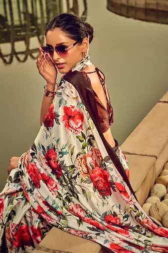 Off-white & red digital print satin saree