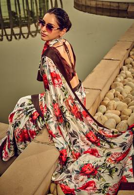 Off-white & red digital print satin saree 4