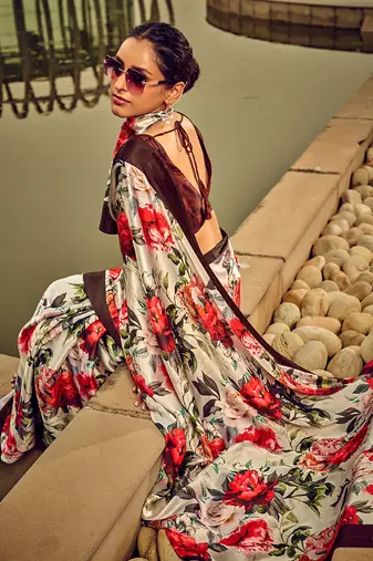 Off-white & red digital print satin saree