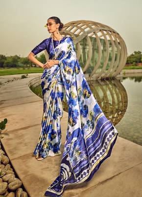 Off-white & blue digital print satin saree 1