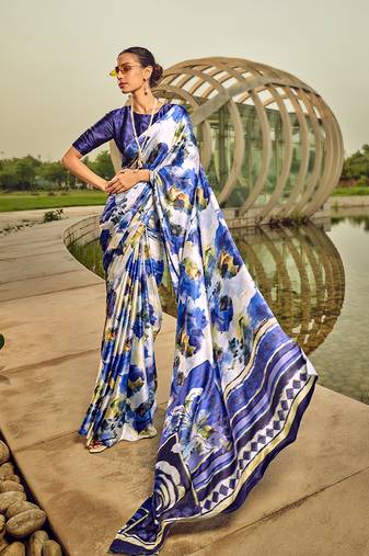 Off-white & blue digital print satin saree