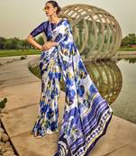 Off-white & blue digital print satin saree