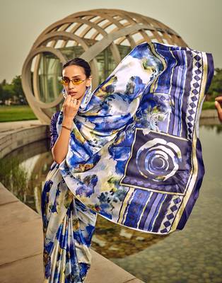 Off-white & blue digital print satin saree 2