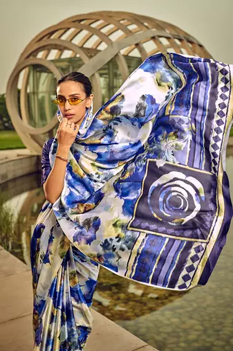 Off-white & blue digital print satin saree