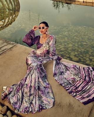 White & purple digital print satin saree 5