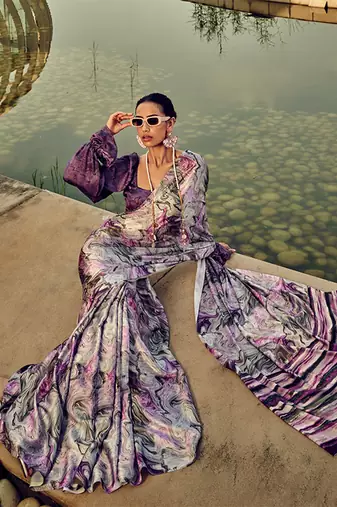 White & purple digital print satin saree