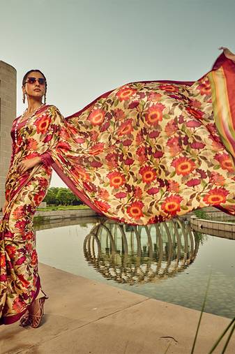 Multicolour digital print satin saree