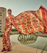 Multicolour digital print satin saree