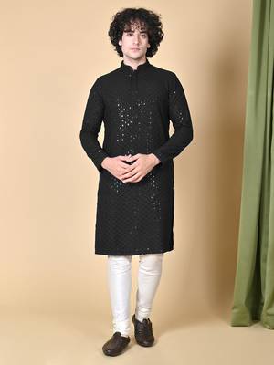 men black floral embroidered sequined cotton kurta 1