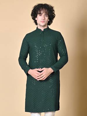 Green Cotton Sequin Work Embroidered Chikankari Kurta for Men 1