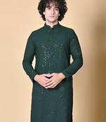 Green Cotton Sequin Work Embroidered Chikankari Kurta for Men