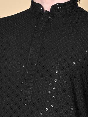 men black floral embroidered sequined cotton kurta 2
