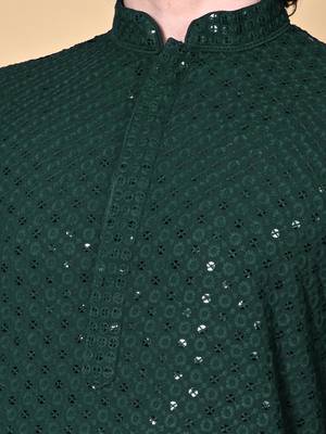 Green Cotton Sequin Work Embroidered Chikankari Kurta for Men 2