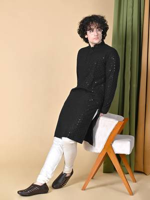 men black floral embroidered sequined cotton kurta 3