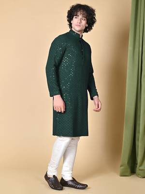 Green Cotton Sequin Work Embroidered Chikankari Kurta for Men 3