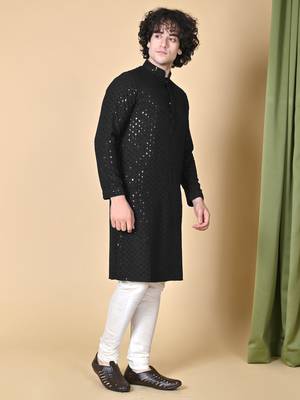 men black floral embroidered sequined cotton kurta 4