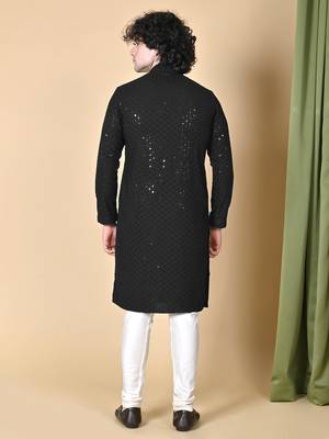 men black floral embroidered sequined cotton kurta 5