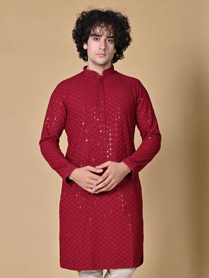 men maroon floral embroidered sequined cotton kurta 1