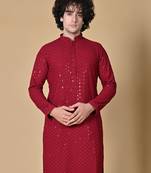 men maroon floral embroidered sequined cotton kurta