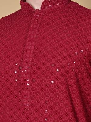 men maroon floral embroidered sequined cotton kurta 2