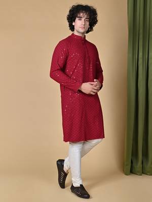 men maroon floral embroidered sequined cotton kurta 3