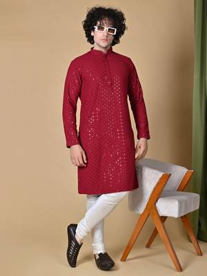 men maroon floral embroidered sequined cotton kurta 4