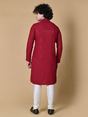 men maroon floral embroidered sequined cotton kurta 5