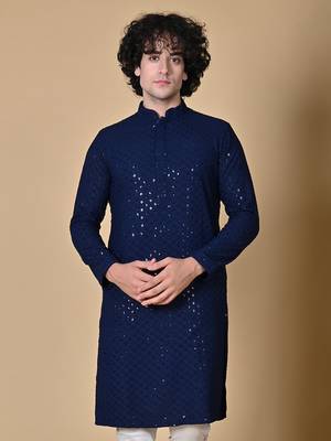 Maahi fabs men navyblue floral embroidered sequined cotton kurta 1