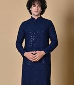 Maahi fabs men navyblue floral embroidered sequined cotton kurta