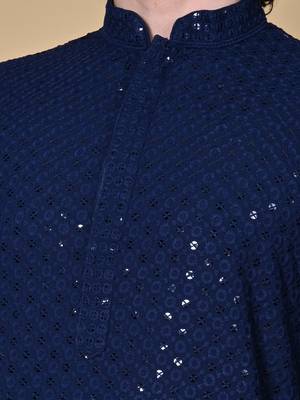 Maahi fabs men navyblue floral embroidered sequined cotton kurta 2