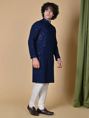 Maahi fabs men navyblue floral embroidered sequined cotton kurta 3