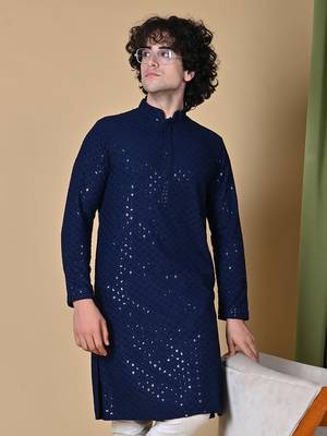 Maahi fabs men navyblue floral embroidered sequined cotton kurta 4