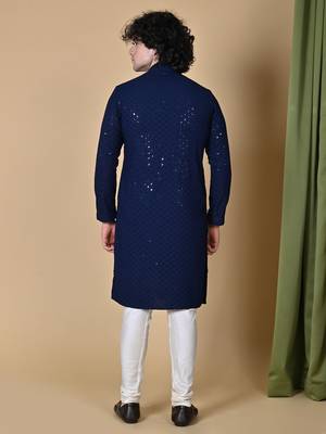Maahi fabs men navyblue floral embroidered sequined cotton kurta 5
