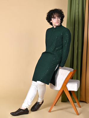 Green Cotton Sequin Work Embroidered Chikankari Kurta for Men 4