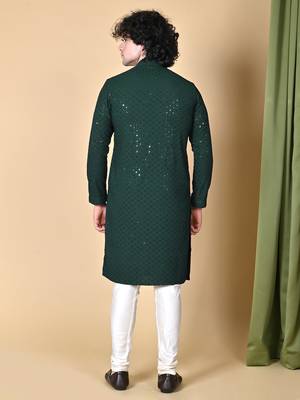 Green Cotton Sequin Work Embroidered Chikankari Kurta for Men 5