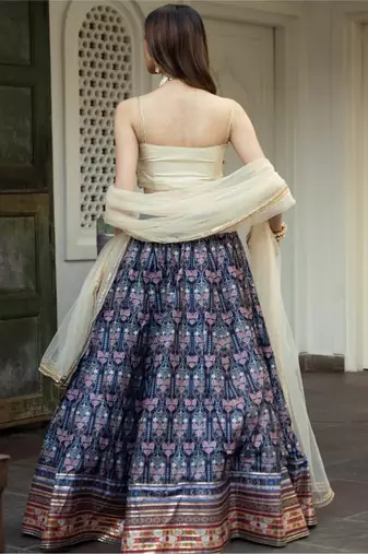 navy blue digital printed art silk lehenga set choli with dupatta