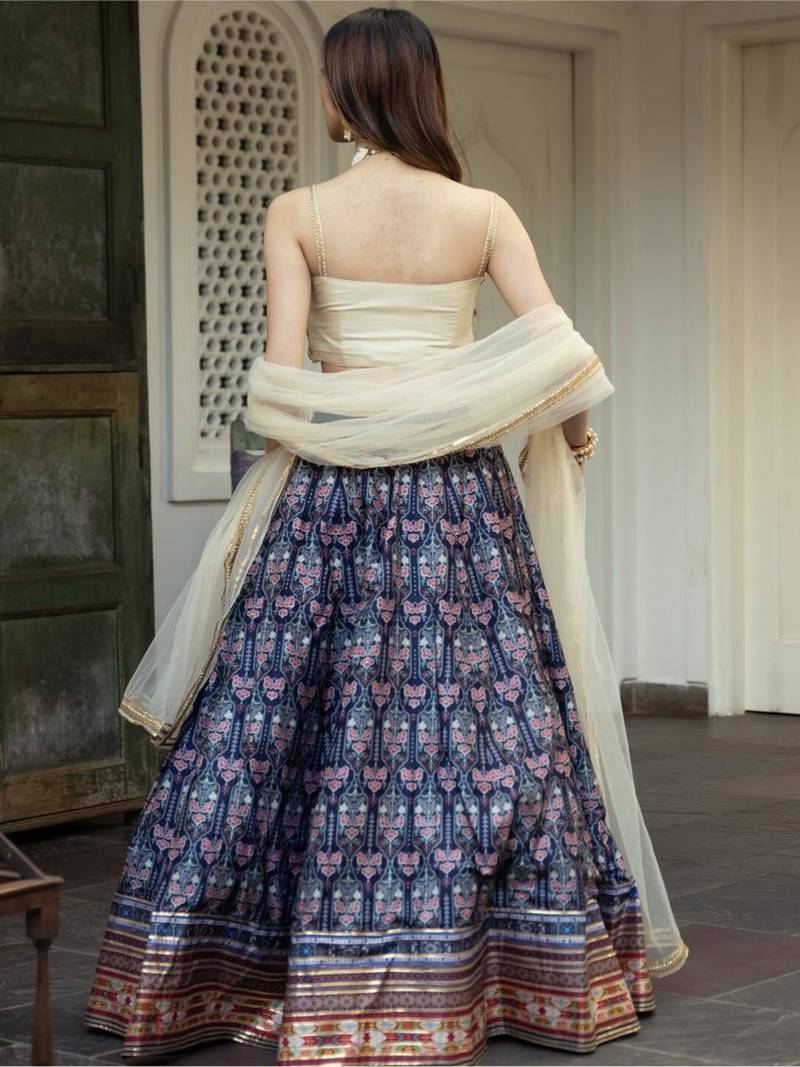 Beautiful Navy Blue Digital Printed Art Silk Reception Wear Lehenga Choli